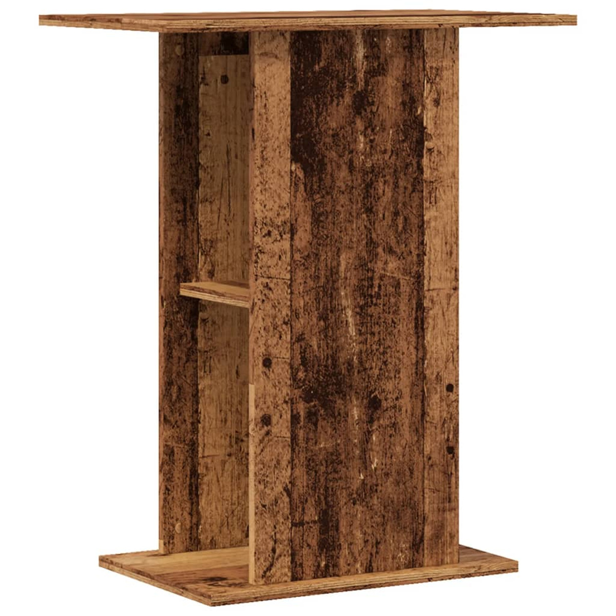 Ein Holztisch mit einem Regal. Der Tisch ist braun und hat eine rechteckige Oberseite, einen Sockel und ein Regal in der Mitte.