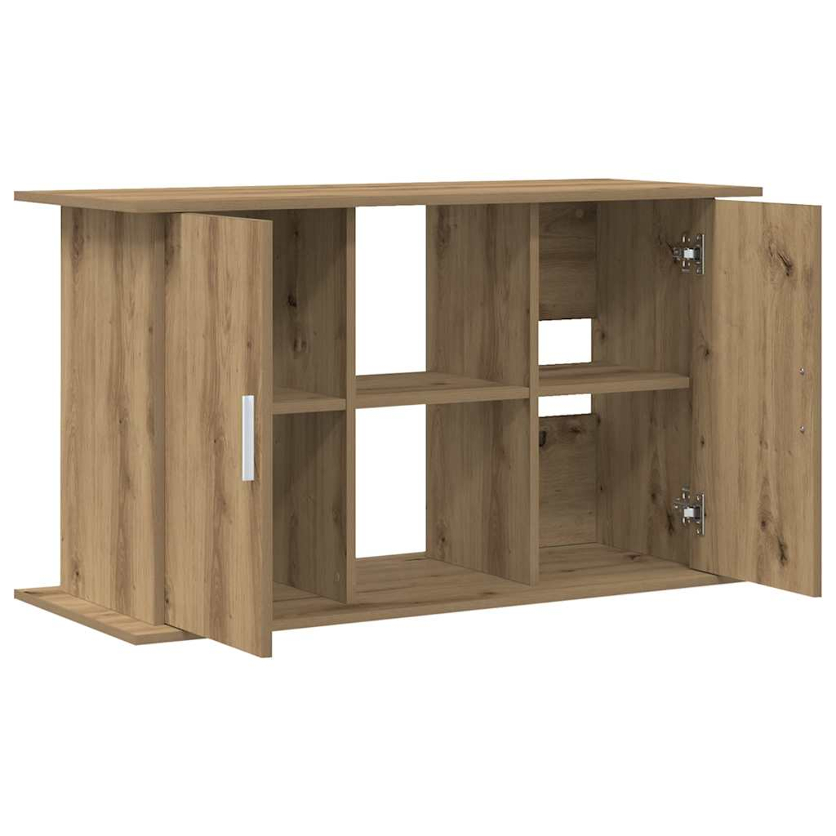Ein hölzerner Schrank mit offenen Türen. Er hat Regale im Inneren. Der Schrank ist hellbraun.