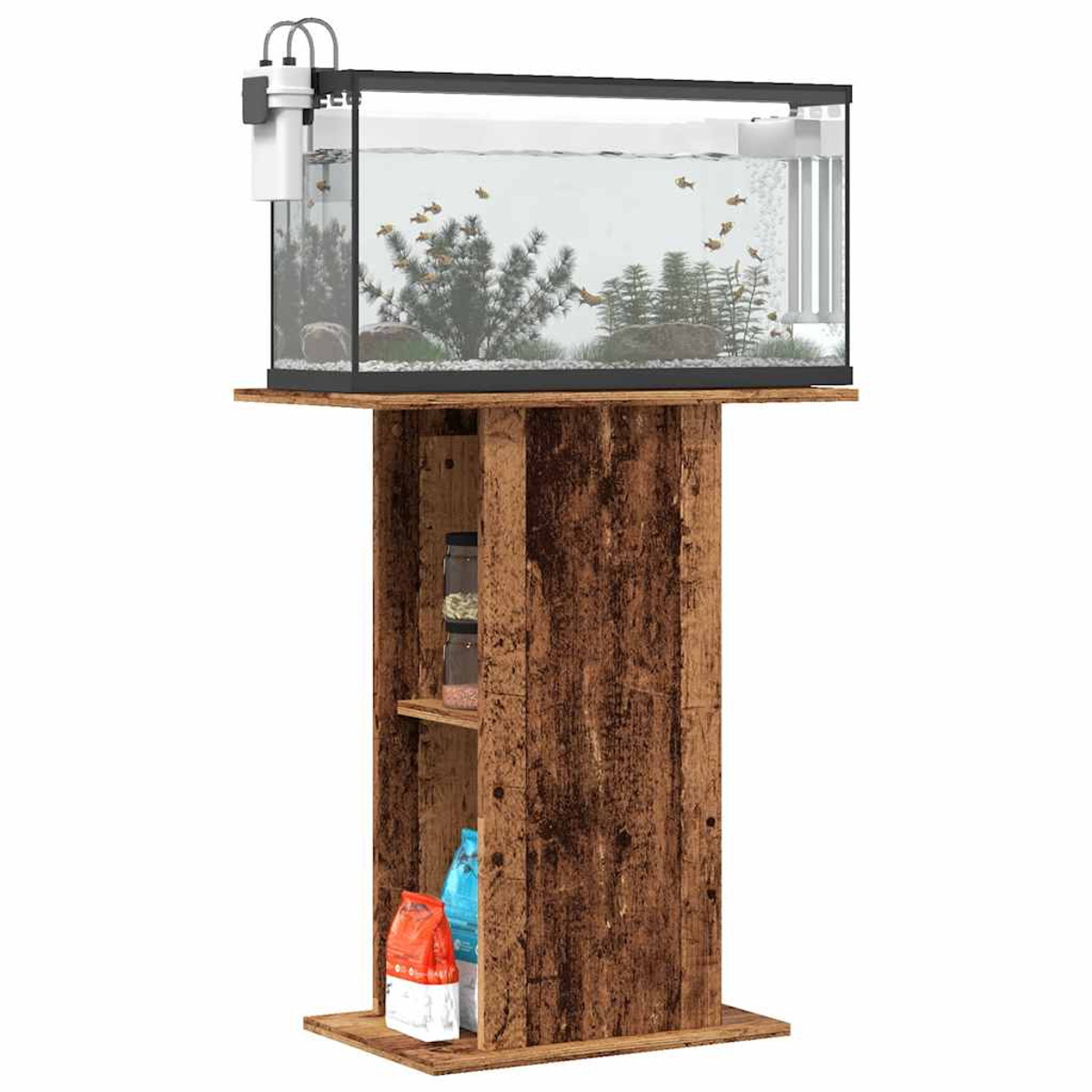 Ein Aquarium mit Fischen steht auf einem Holzständer. Im Tank befinden sich Pflanzen und Steine. Der Ständer hat Regale mit Zubehör.