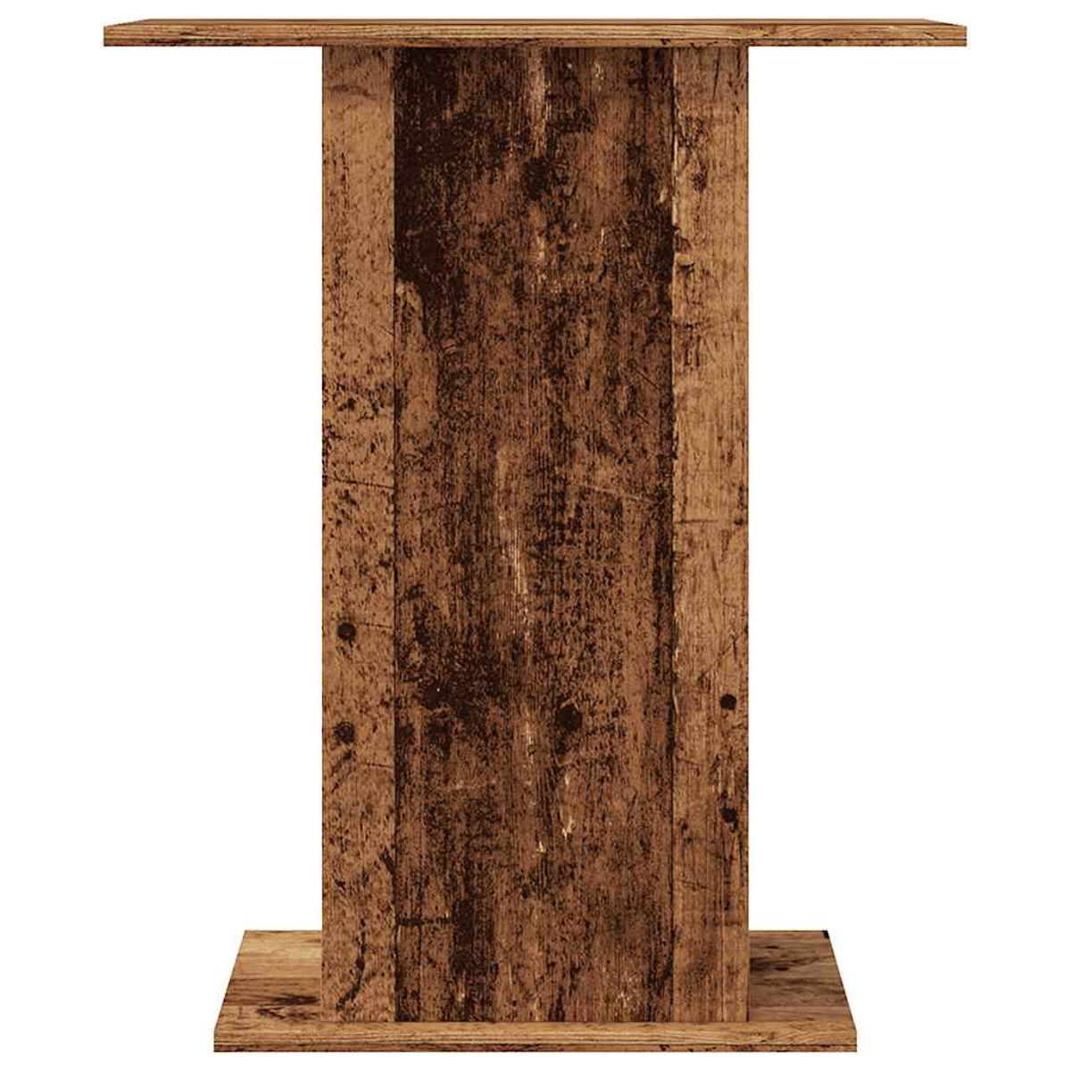 Holztisch in Form des Buchstaben I. Der Tisch hat eine rechteckige Oberseite, eine Mittelsäule und einen Sockel.