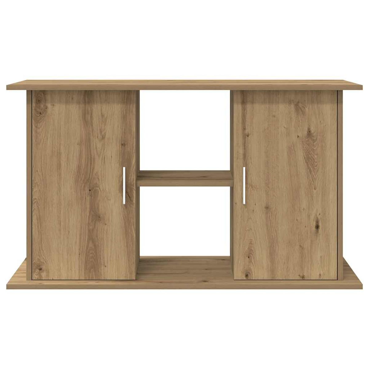 Holzschrank mit zwei Türen und einem offenen Regal. Die Türen haben vertikale Griffe. Der Schrank ist braun mit Holzmaserung.
