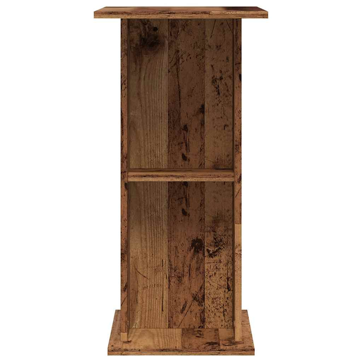 Ein Holzständer mit Oberteil, Regal und Sockel. Das Holz hat ein braunes, strukturiertes Aussehen. Der Ständer scheint leer zu sein.