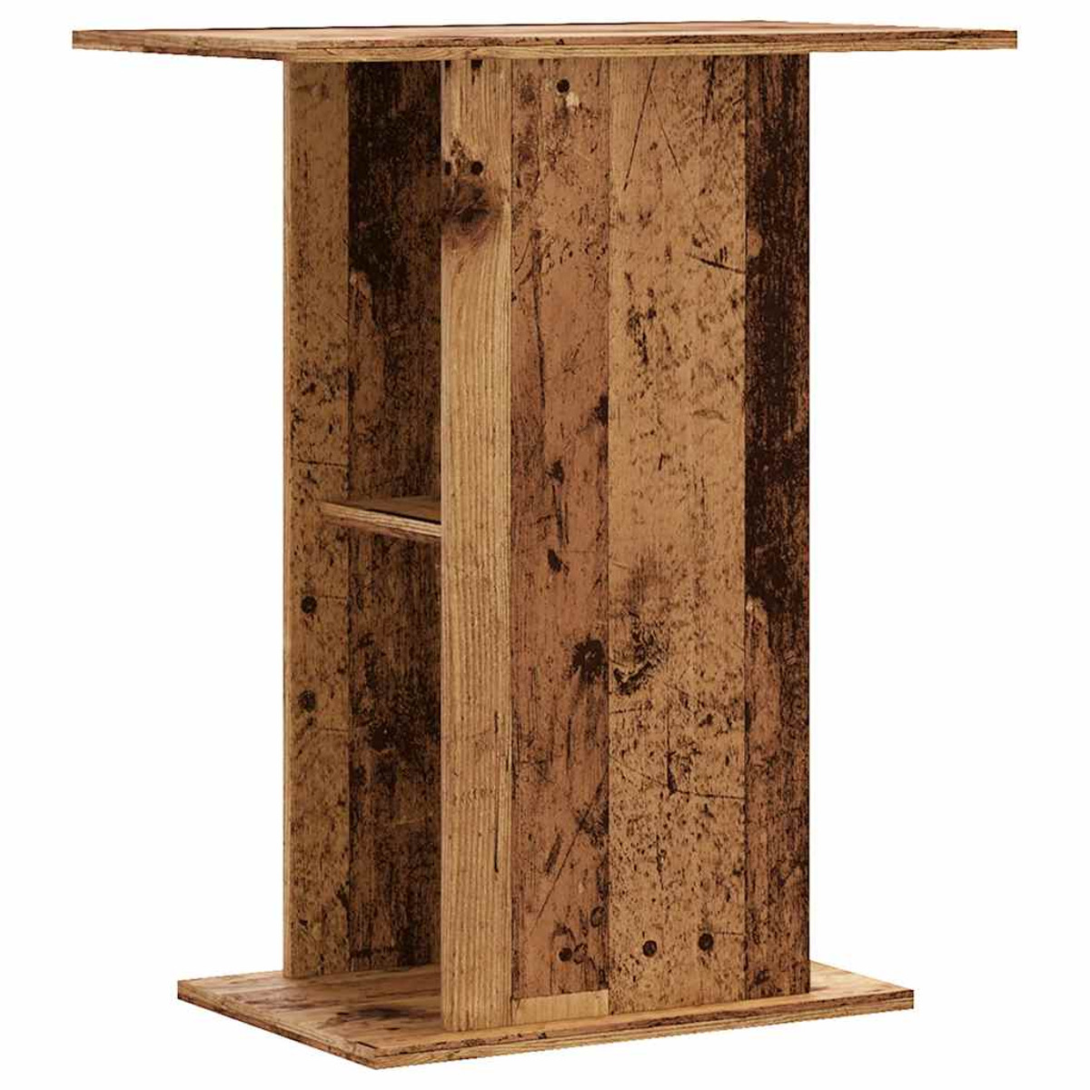 Ein rustikaler Holztisch, der aus vertikalen Brettern besteht, mit einem Regal und einer oberen Oberfläche. Das Holz hat ein abgenutztes Aussehen.