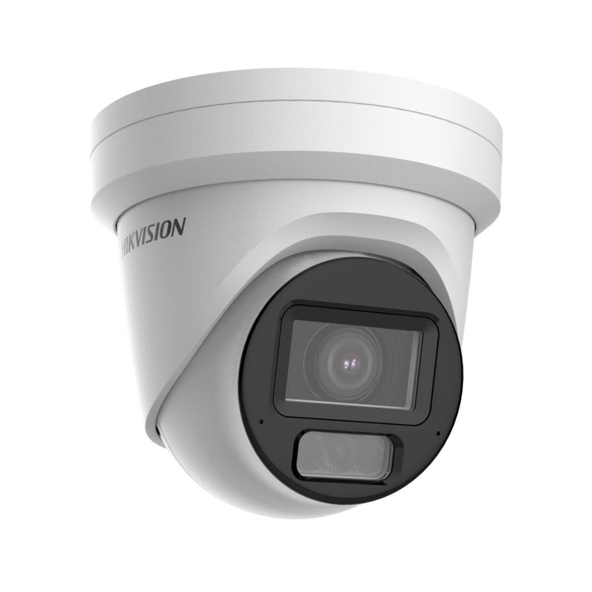 Una telecamera di sicurezza a cupola Hikvision bianca. La telecamera ha un obiettivo nero e un corpo grigio chiaro, con il logo Hikvision.