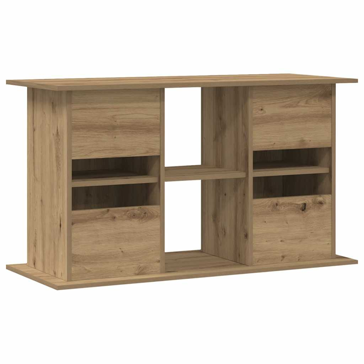 Ein hellbrauner Holzschrank mit offenen Regalen, Schubladen und einem zentralen offenen Raum. Er hat eine rechteckige Form und ein schlichtes Design.