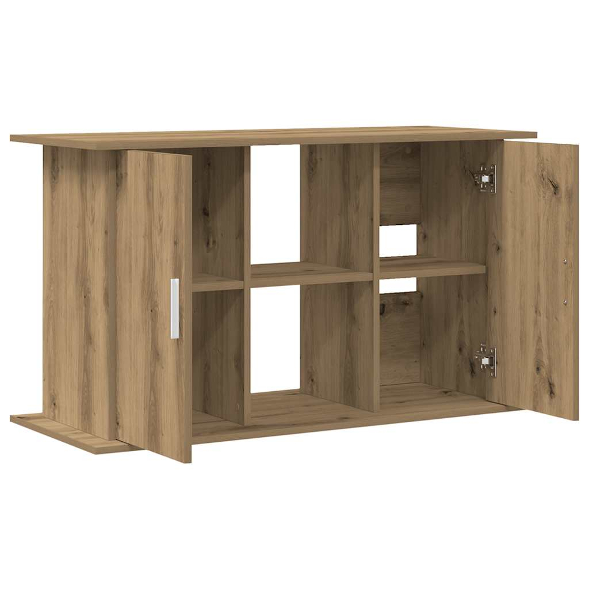 Ein Holzschrank mit zwei Türen und offenen Regalen. Türen sind geöffnet, Innenregale sichtbar. Helle Holzmaserung.