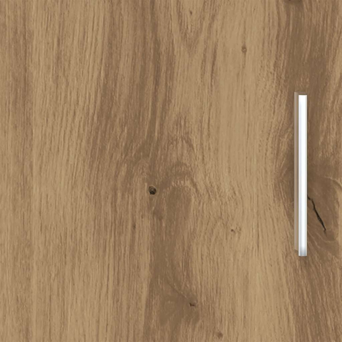 Holzschranktür mit vertikaler Holzmaserung und einem weißen, rechteckigen Griff auf der rechten Seite.