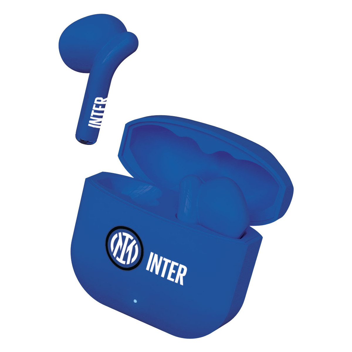 Auricolari e custodia di ricarica blu dell'Inter Milan. Un auricolare è staccato con testo 'INTER'. Custodia con logo e testo 'INTER'.