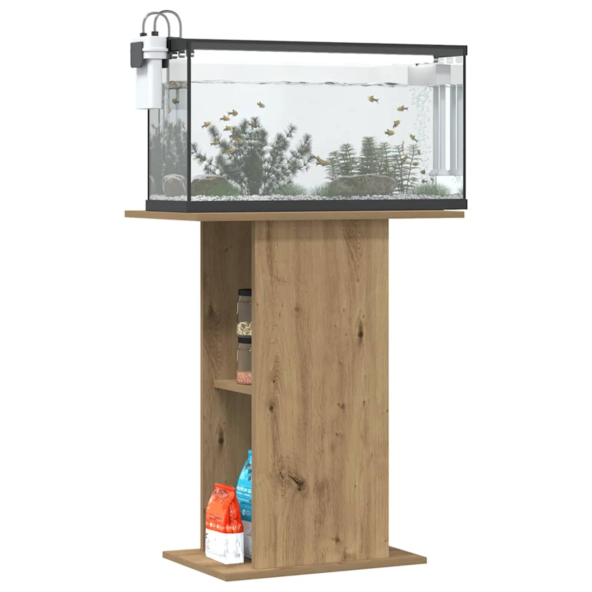 Ein Aquarium auf einem Holzständer. Der Tank hat Fische, Pflanzen und einen Filter. Der Ständer hat Regale mit Zubehör.