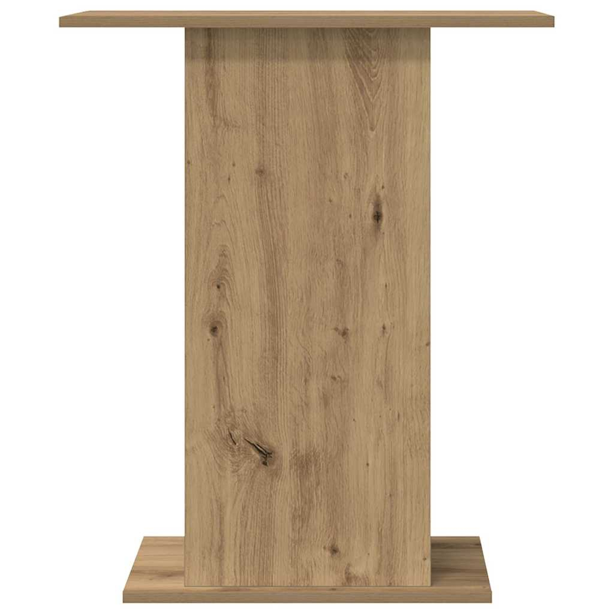 Ein Holztisch mit I-förmigem Design. Er hat eine rechteckige Oberseite, eine zentrale vertikale Stütze und einen rechteckigen Sockel.