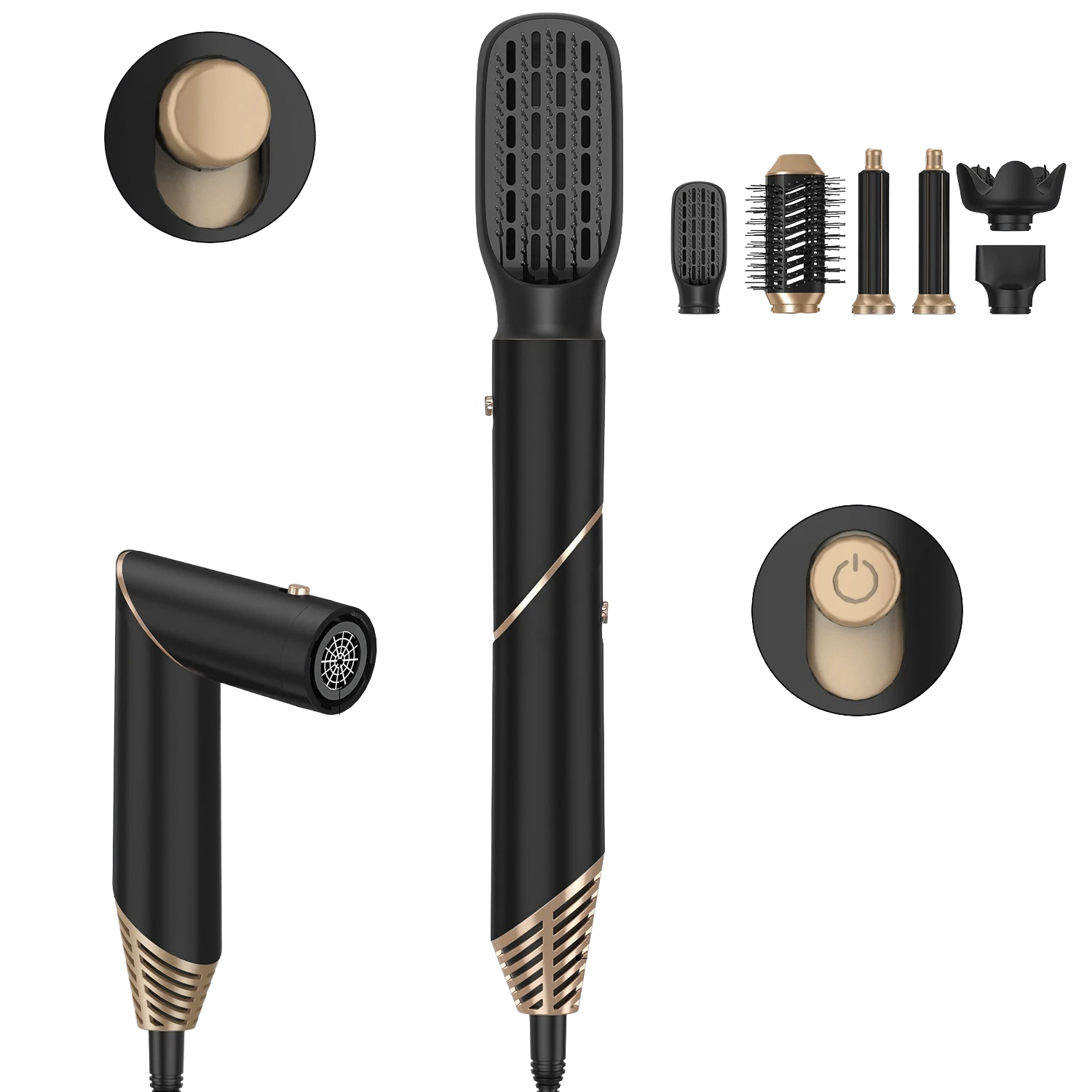 Schwarzes und goldenes Haarstyling-Set, einschließlich Haartrockner und mehrere Aufsätze. Details der Teile sind sichtbar.