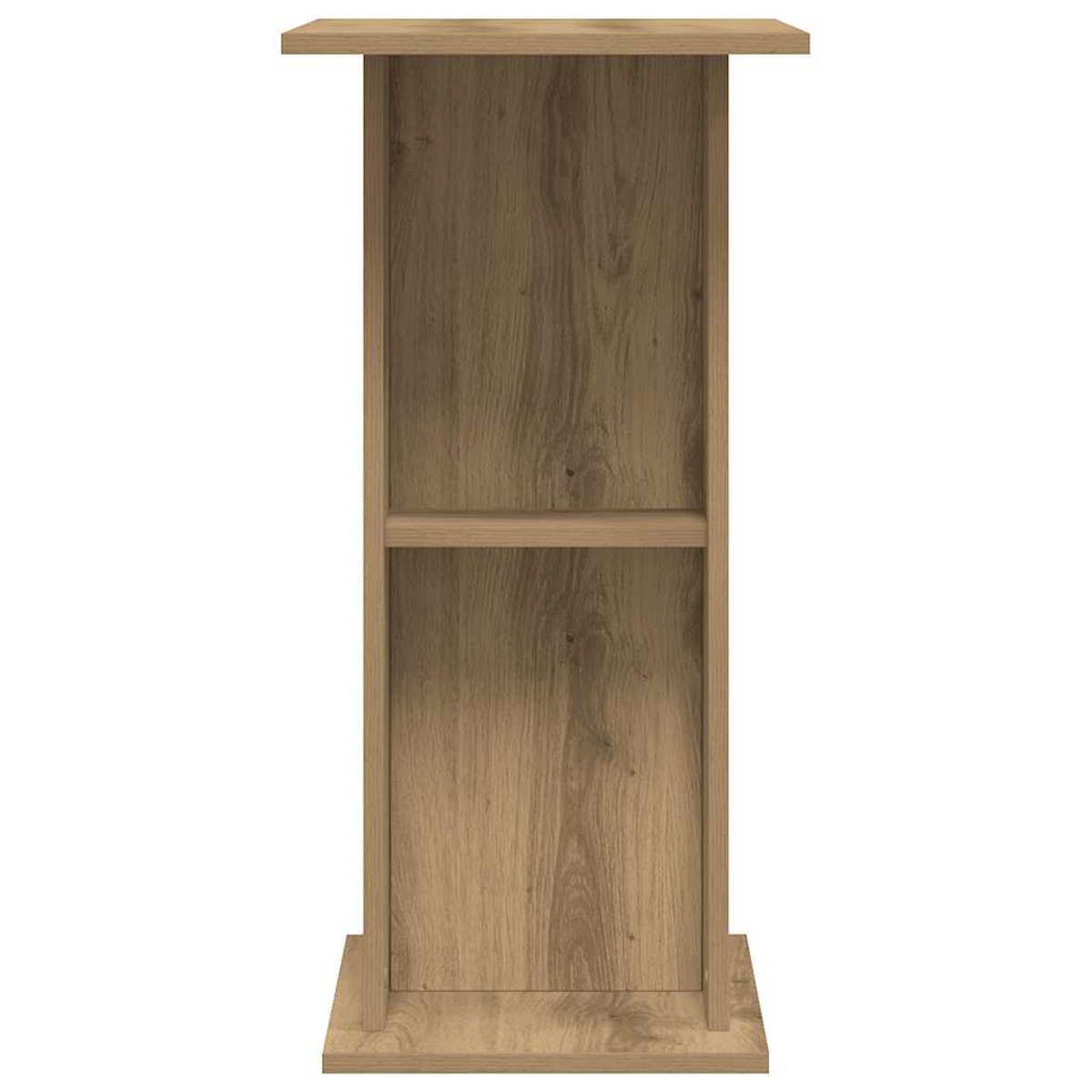 Ein Holzständer mit quadratischer Ober- und Unterseite. Er hat ein Regal in der Mitte und ist aus hellbraunem Holz gefertigt.