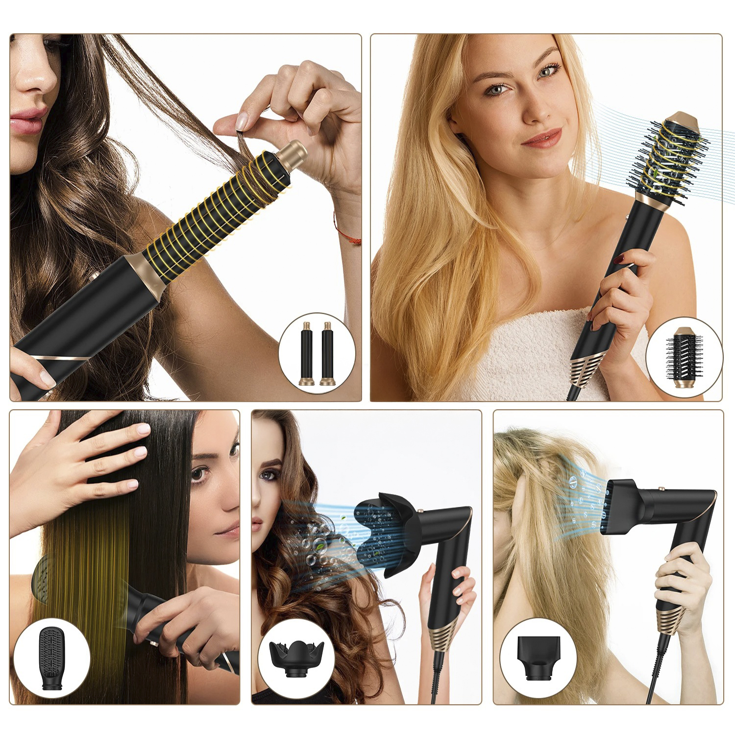 Frauen benutzen Haarstyling-Werkzeuge. Enthält Lockenstab, Rundbürste und Haartrockner mit verschiedenen Aufsätzen. Schwarz und Gold.