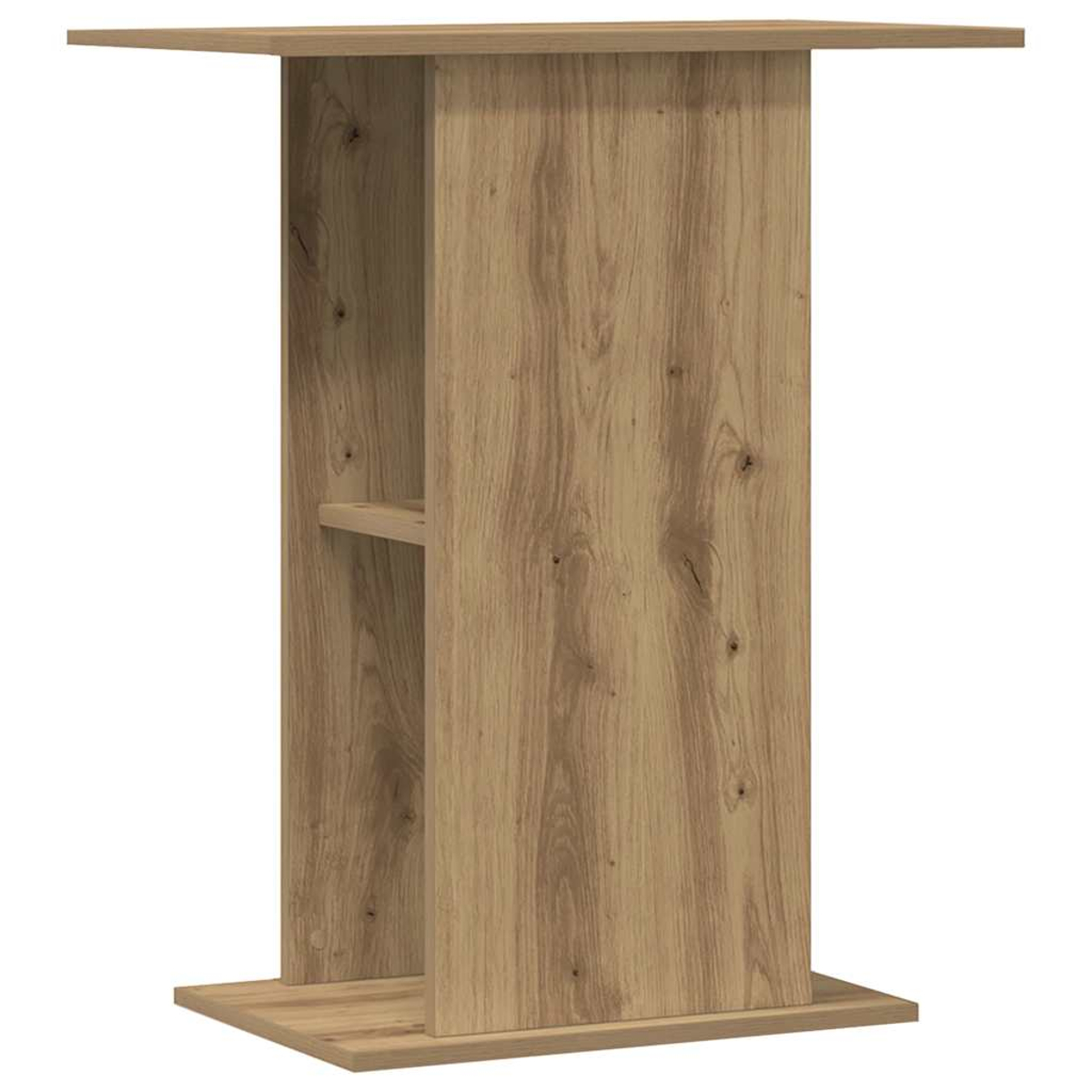 Ein hölzerner Bartisch mit quadratischer Oberseite, rechteckiger Basis und zentraler Stütze mit Regal.