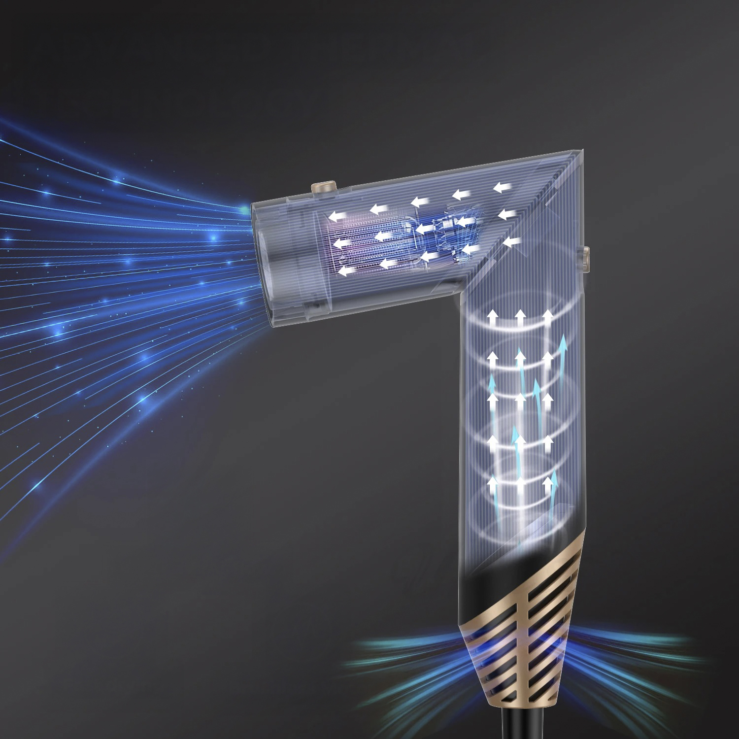 Transparenter Haartrockner mit Innenluftstrom. Blaue Luft strömt aus. Gold- und Schwarzakzente. Pfeile zeigen die Luftbewegung an.