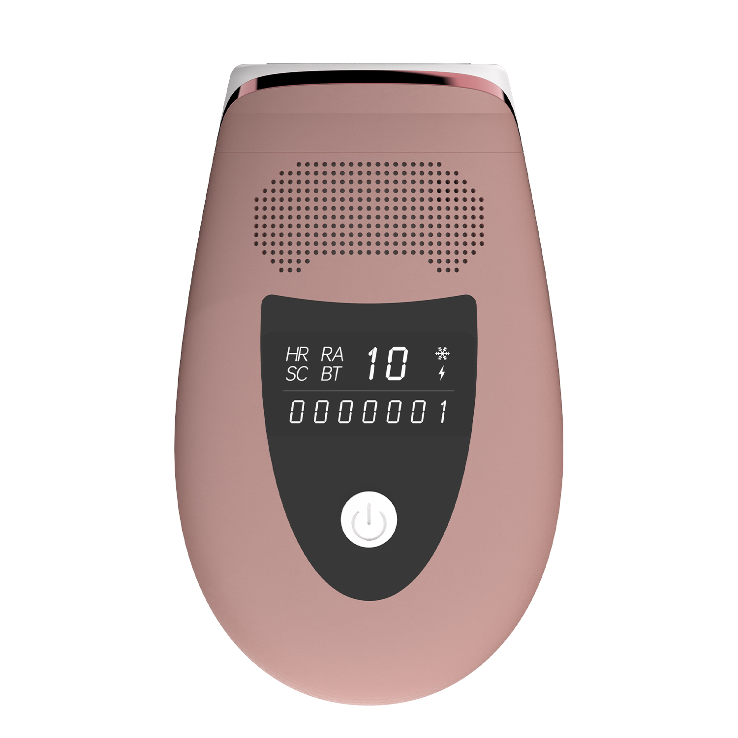 Ein roségoldenes IPL-Haarentfernungsgerät. Es hat ein Display mit Zahlen und einen Ein- / Ausschalter. Die Oberseite hat einen Lautsprecher.