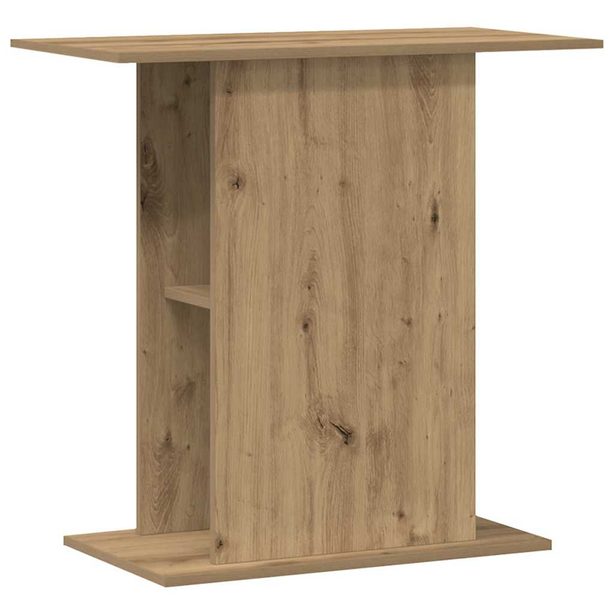 Ein hölzerner Bartisch mit rechteckiger Ober- und Unterseite. Der Mittelteil hat ein Regal. Das Holz hat eine natürliche Maserung.