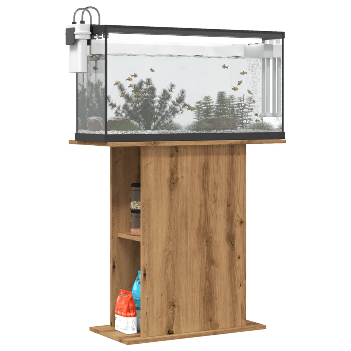 Ein Aquarium auf einem Holzständer. Es enthält Fische, Pflanzen und Steine. Darunter befinden sich Gläser und Beutel.