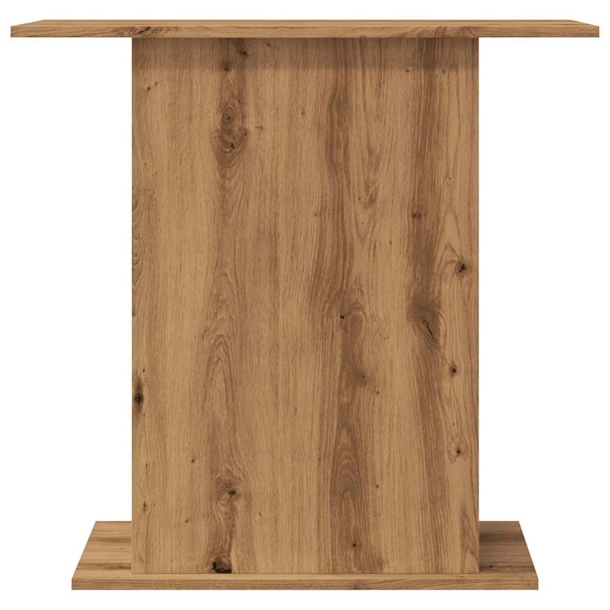 Ein Holztisch mit rechteckiger Platte, Mittelsäule und Sockel. Das Holz hat eine natürliche Maserung und hellbraune Farbe.