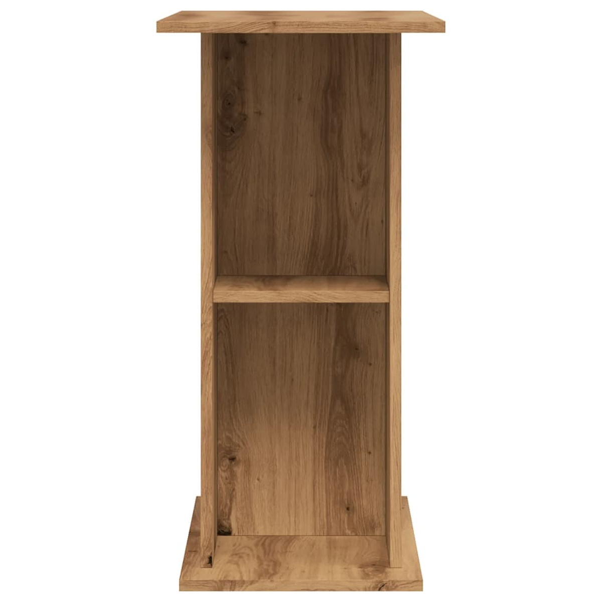 Holzregal mit einer Oberseite, einem Sockel und einem Regal in der Mitte. Die Farbe ist hellbraun, mit sichtbarer Holzmaserung.