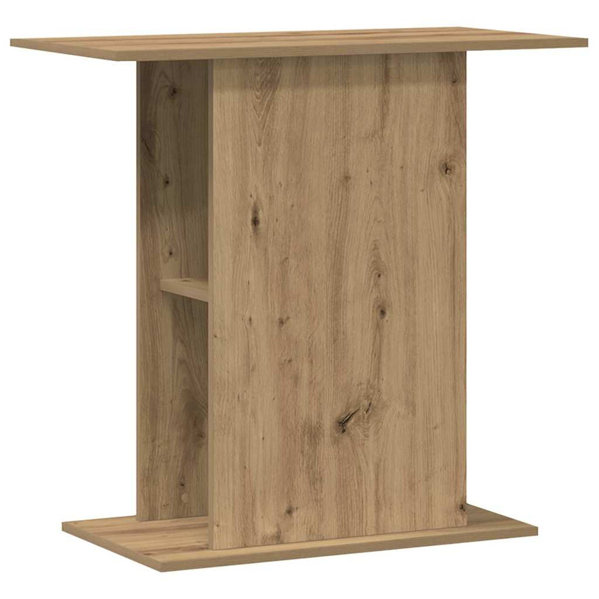 Ein Holztisch mit rechteckiger Platte und Sockel, mit zentraler vertikaler Stütze und einem Regal. Das Holz hat eine natürliche Maserung.