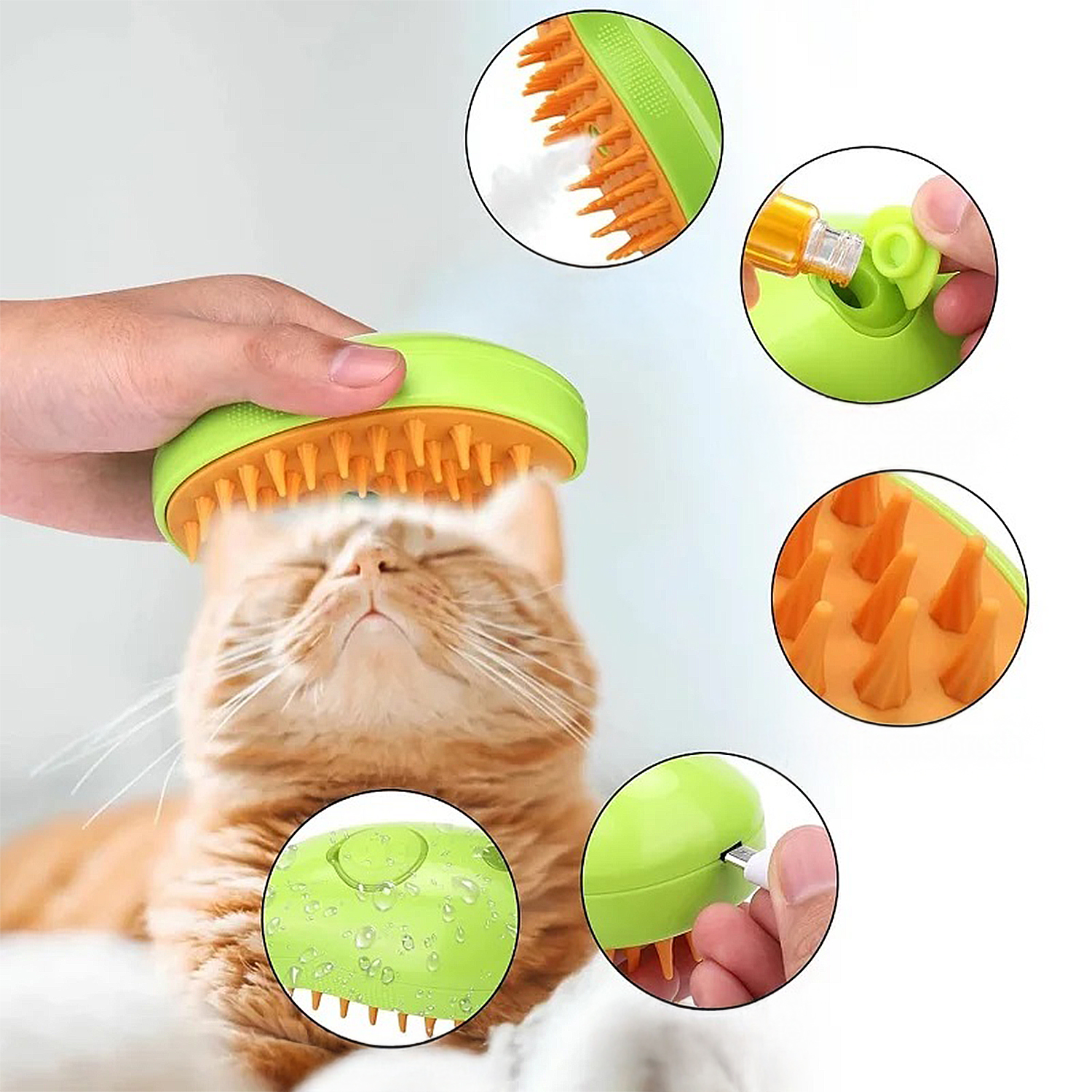 Un gato es cepillado con un cepillo verde y naranja. Primeros planos muestran el cepillo y su uso. Gotas de agua también están en el cepillo.