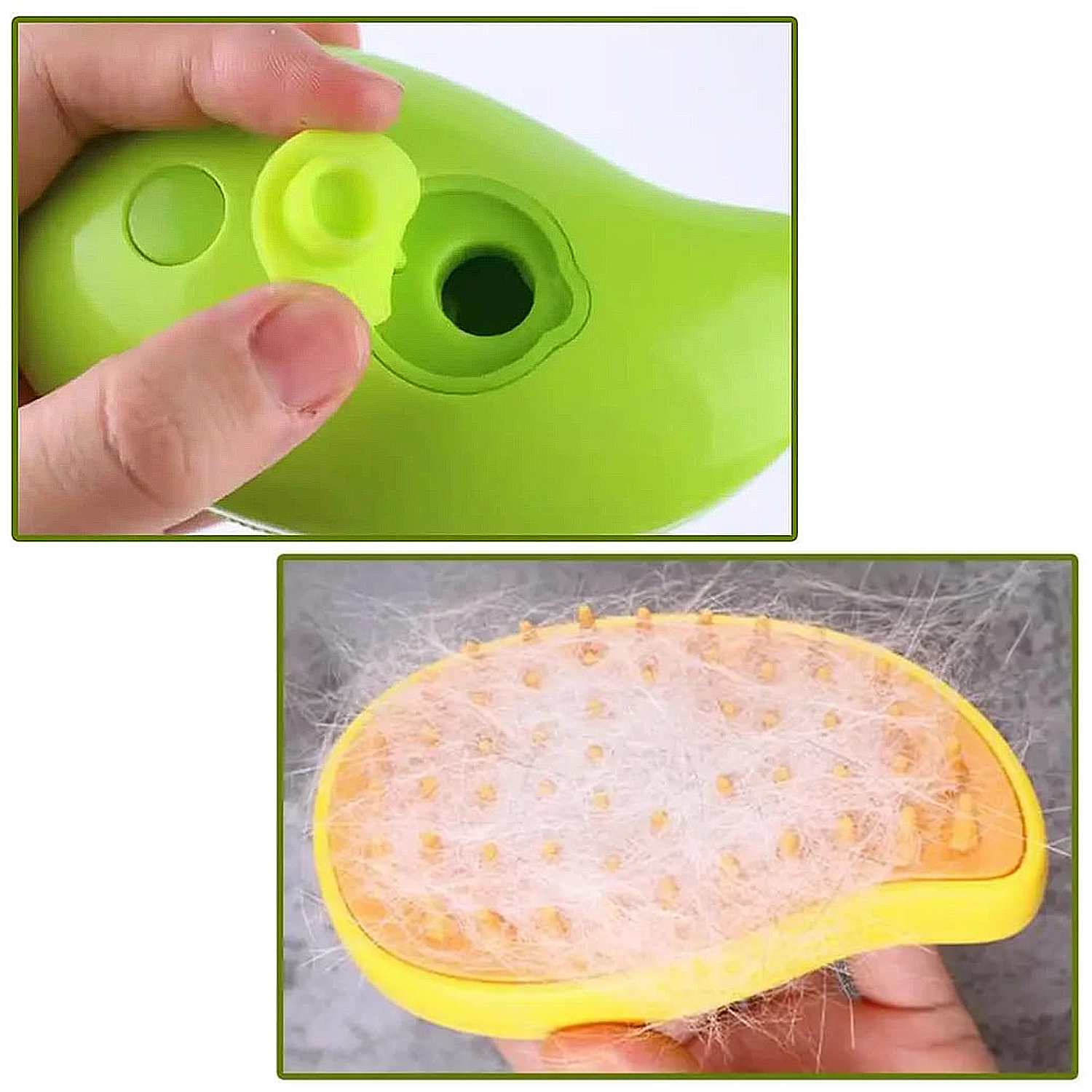 Se muestra una herramienta verde para el aseo de mascotas. En la parte superior se ve una mano quitando una tapa. La parte inferior muestra un cepillo amarillo lleno de pelo de mascotas.