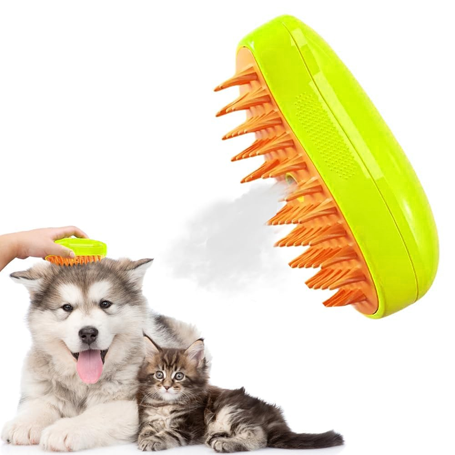 Un perro y un gato están cerca de un cepillo verde y naranja. Una mano cepilla al perro. El perro es blanco y gris.