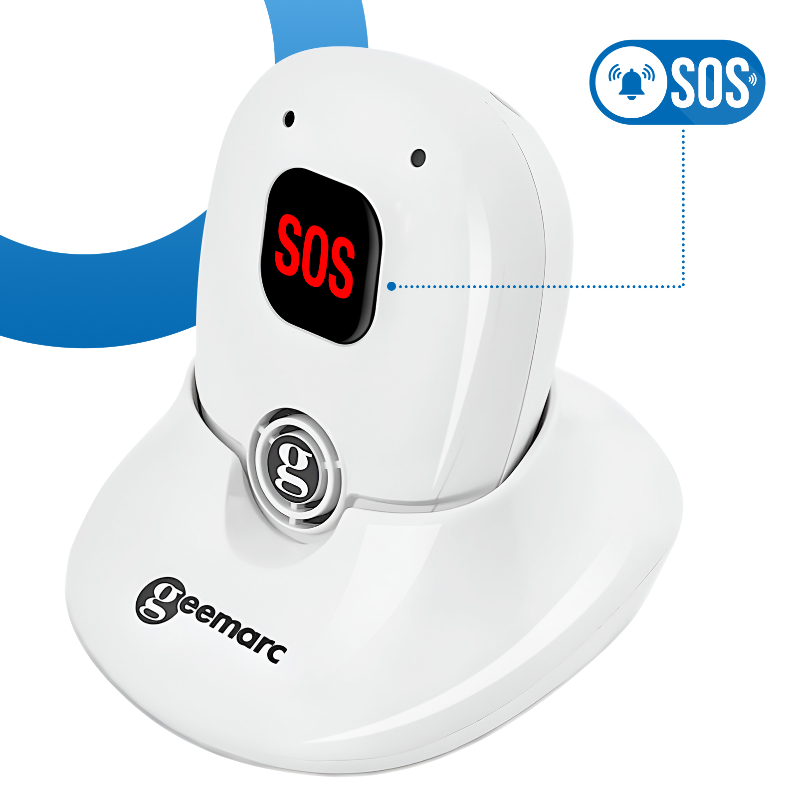Dispositivo SOS bianco su base bianca. Testo SOS rosso su display. Grafica blu sullo sfondo.