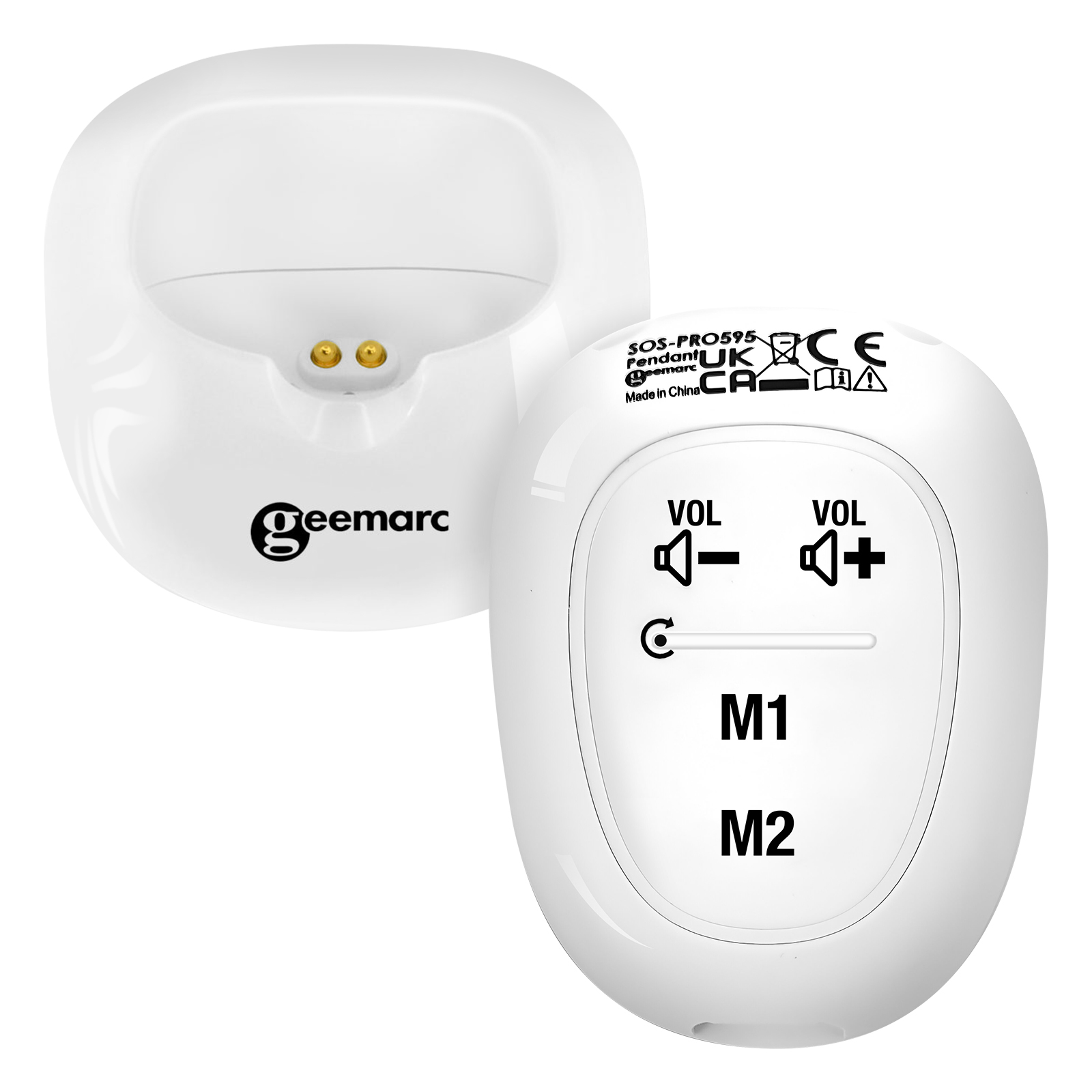 Ciondolo Geemarc bianco con base. Ha controlli volume e pulsanti M1, M2. La base ha contatti.