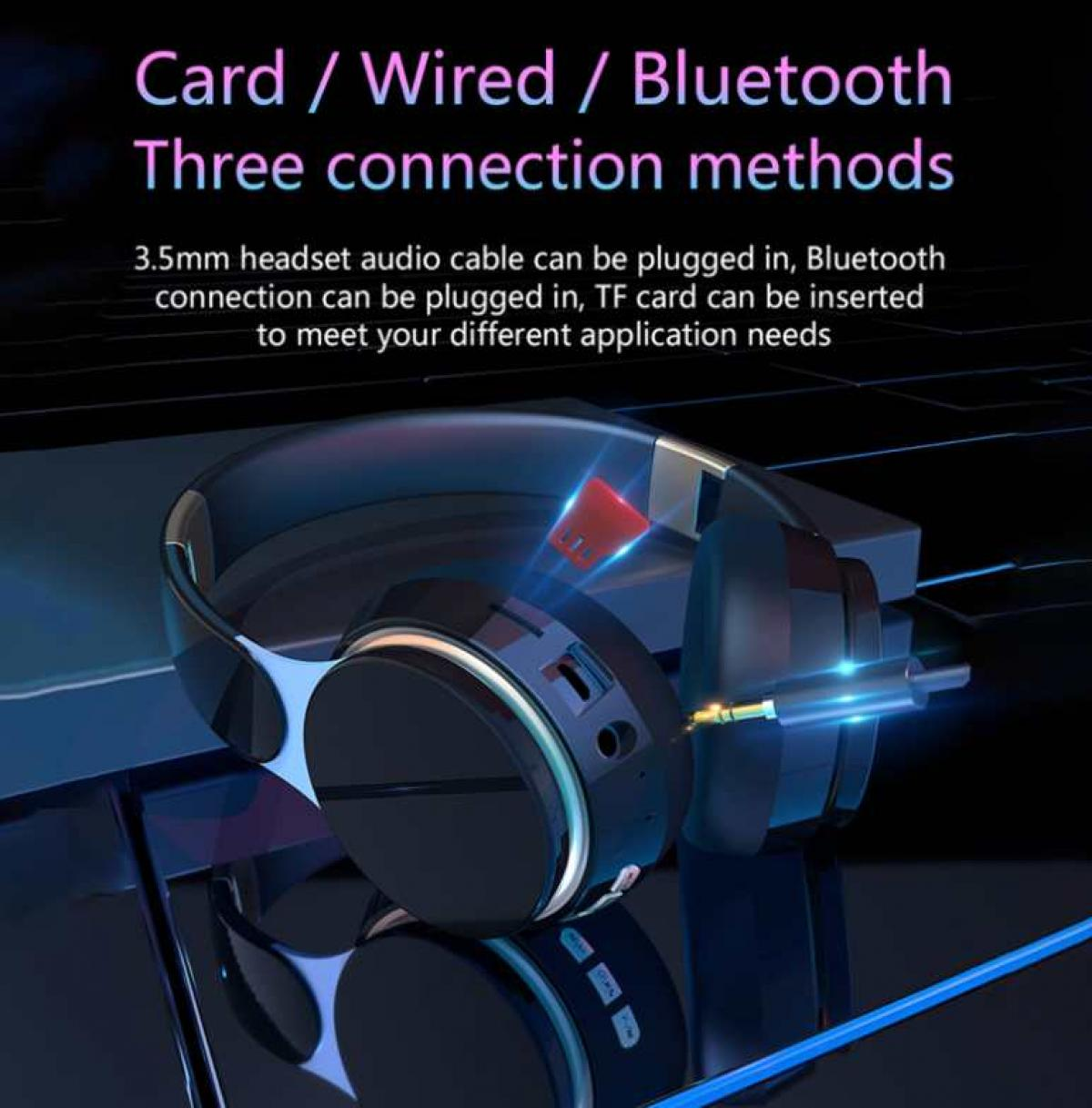 Schwarzer Kopfhörer mit silbernen Akzenten. Text: Karte/Kabel/Bluetooth, Drei Verbindungsmethoden. 3,5-mm-Headset, Bluetooth- und TF-Kartenanschlüsse.