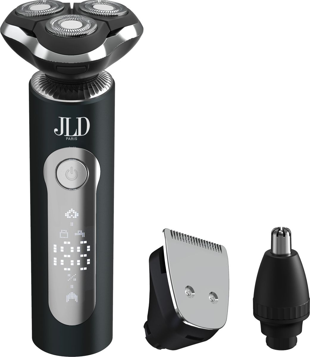 Ein schwarz-silberner Elektrorasierer mit drei Köpfen und zwei zusätzlichen Aufsätzen. Der Rasierer hat das JLD Paris Logo.