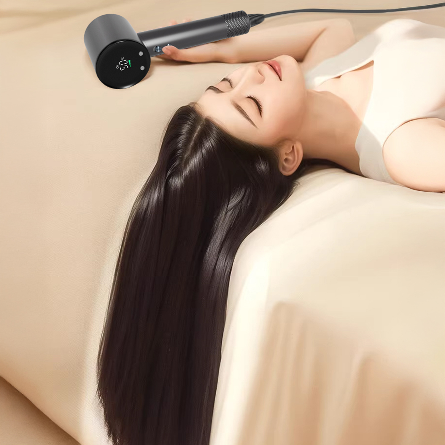 Una donna giace con lunghi capelli scuri su un letto. Un asciugacapelli nero le fluttua sopra. Il lenzuolo è beige.