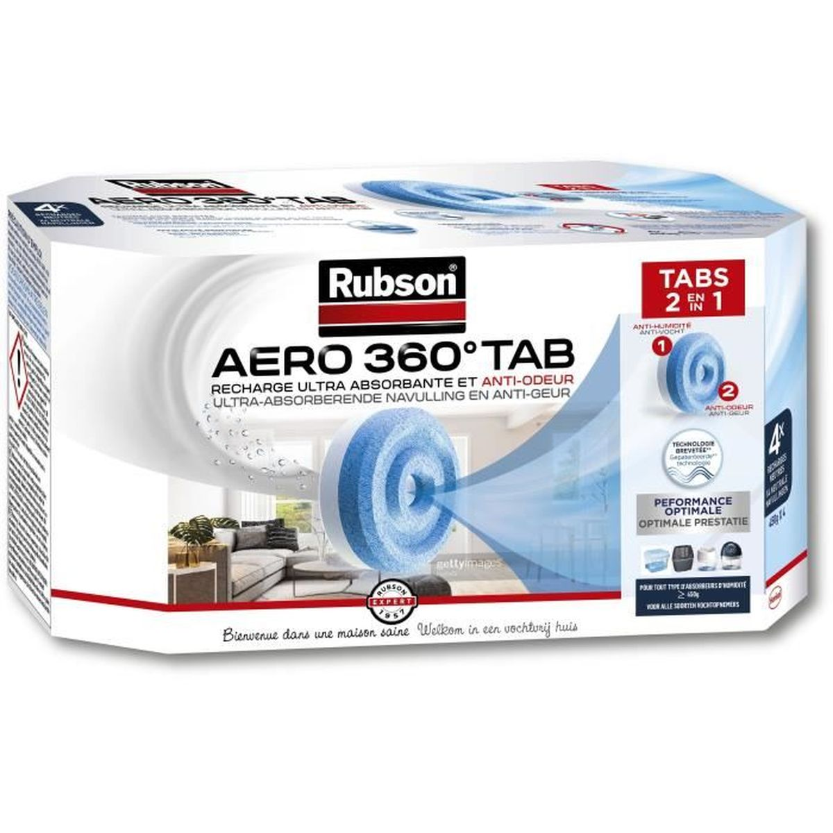 Scatola di Rubson Aero 360° Tab. Pastiglie blu contro umidità e odore. Testo in francese e olandese.