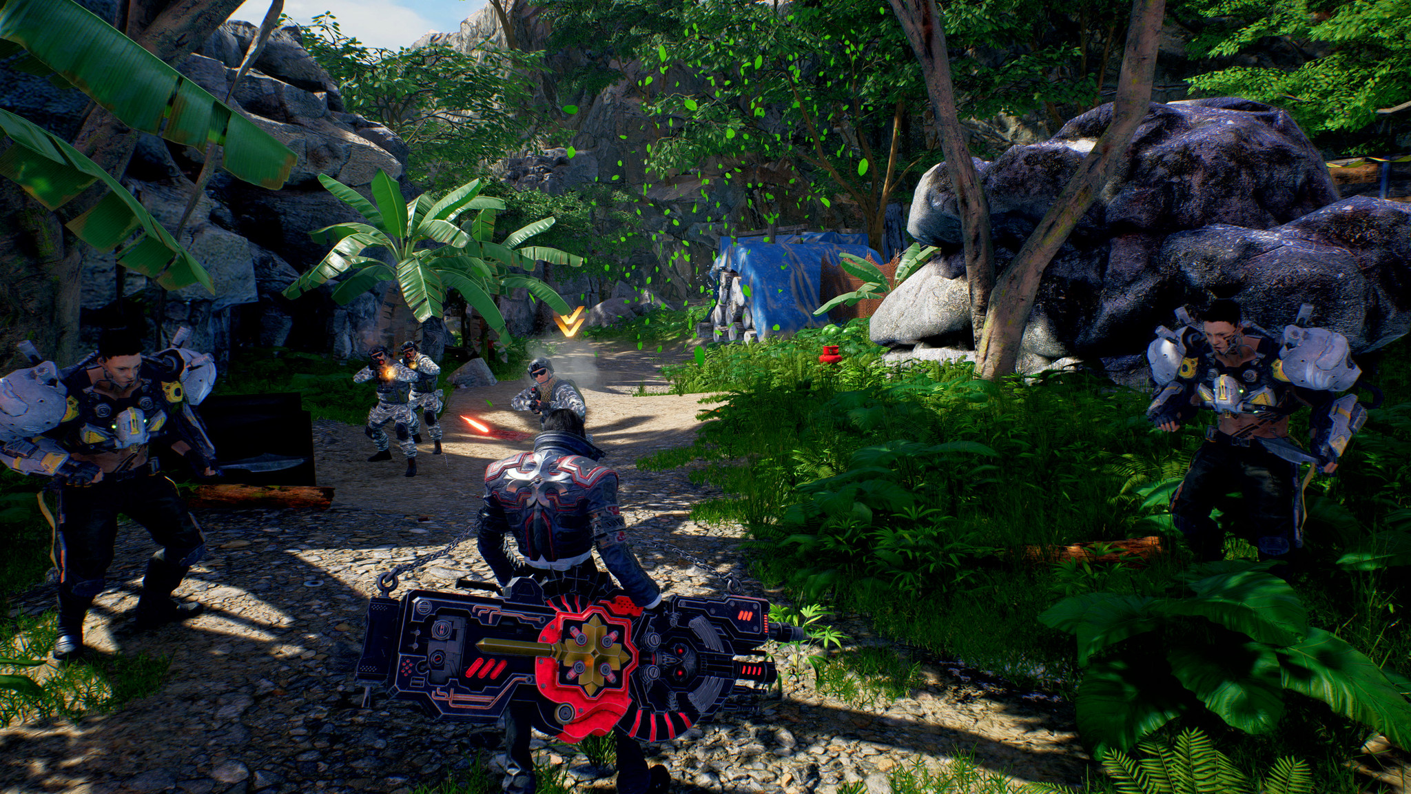 Scena w dżungli z uzbrojonymi postaciami. Żołnierze w kamuflażu i futurystycznej zbroi. Niebieska plandeka i bujna roślinność.