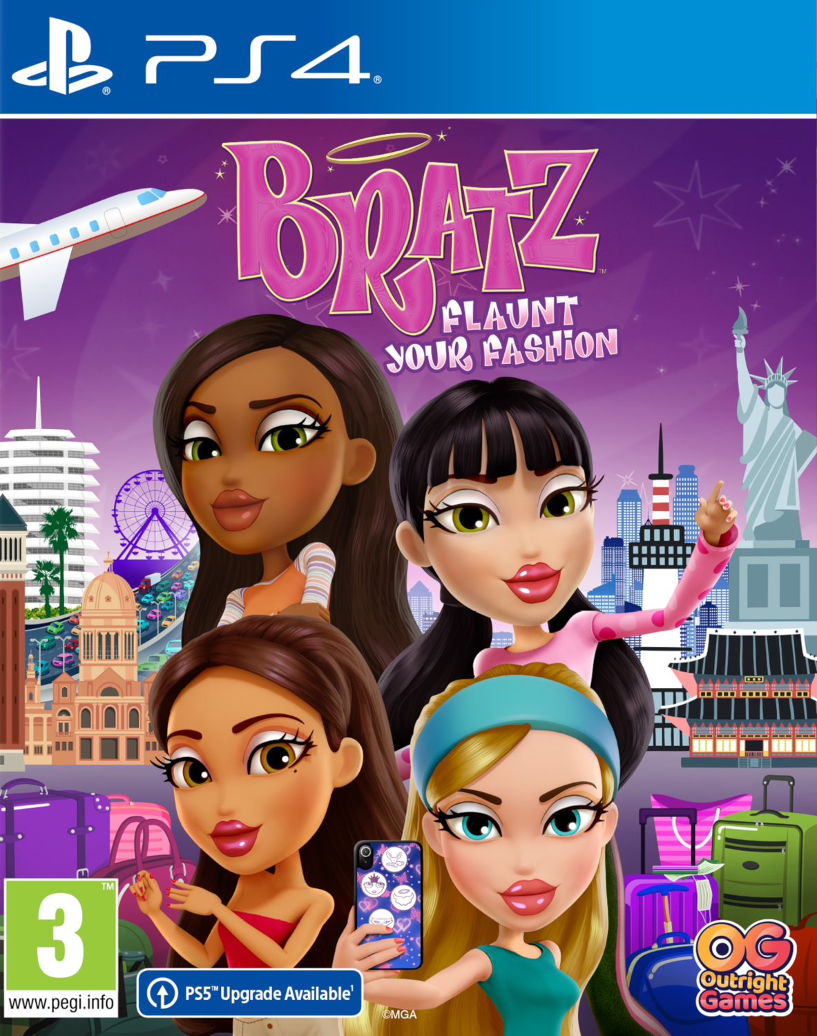 Okładka gry wideo Bratz. Cztery lalki Bratz pozują na tle krajobrazów miejskich. Tytuł: Flaunt Your Fashion. Logo PS4 na górze.