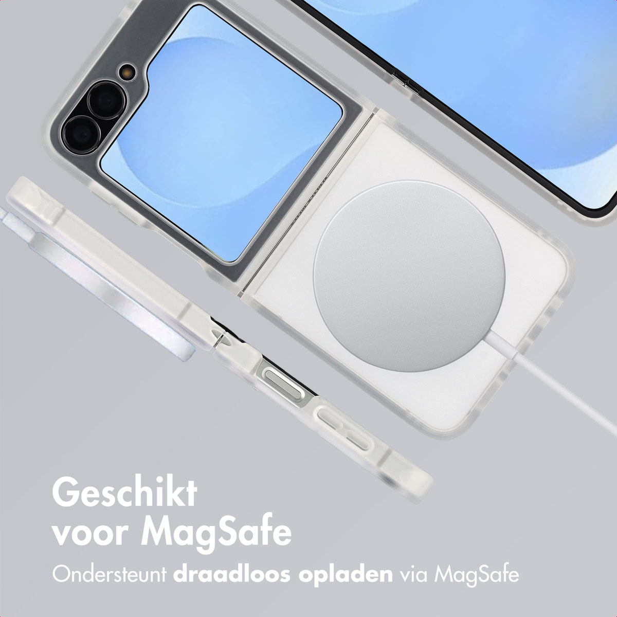 Een telefoonhoesje met een MagSafe-oplader. De hoes is transparant, het scherm blauw. Tekst: 'Geschikt voor MagSafe'.