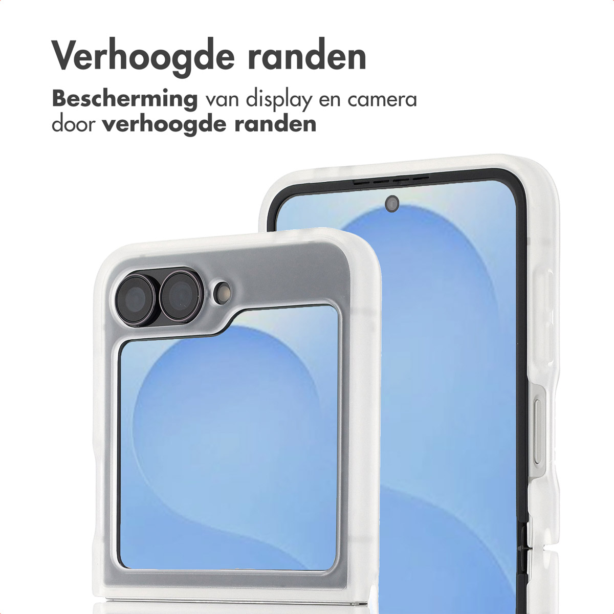 Twee smartphones in beschermende hoesjes. Een hoesje is transparant, toont het scherm. Tekst benadrukt verhoogde randen.