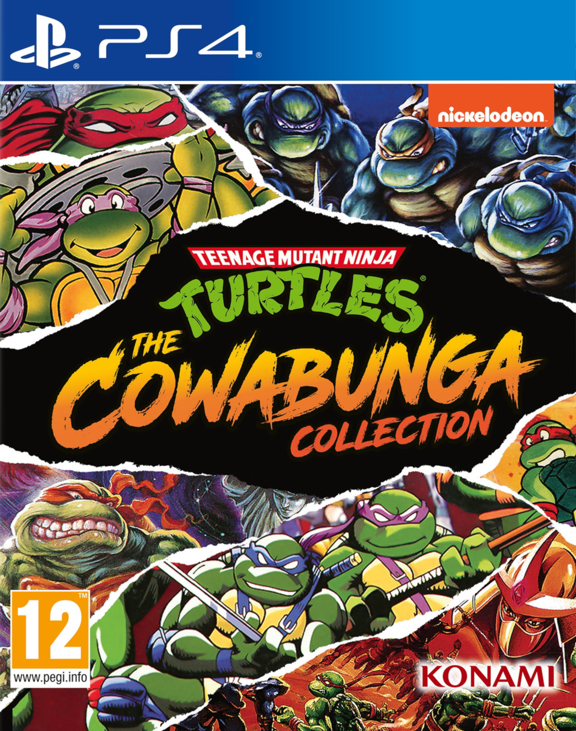 Teenage Mutant Ninja Turtles: The Cowabunga Collection, okładka gry PS4 z żółwiami i logo Konami.
