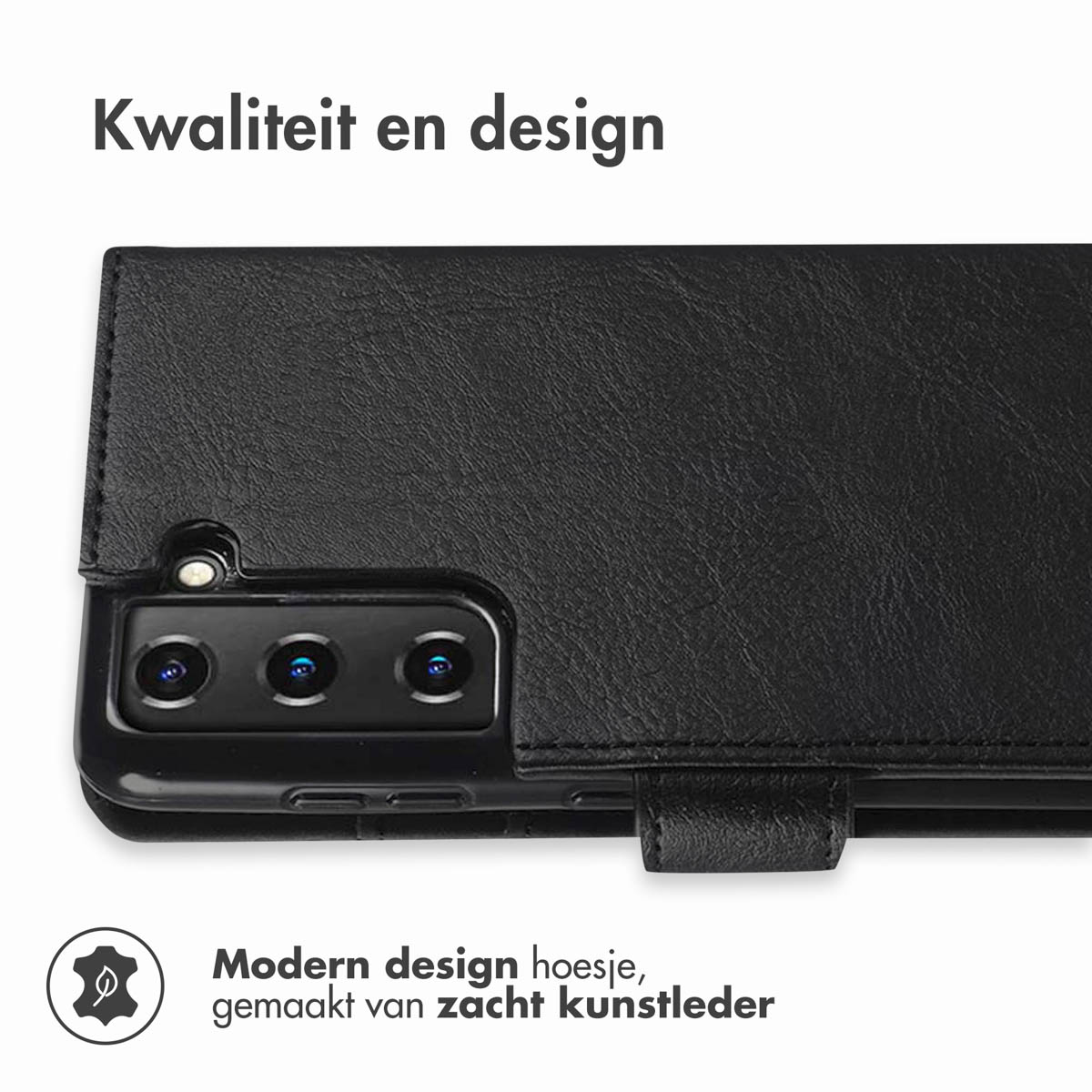 Custodia per telefono nera dal design moderno in morbida ecopelle. La fotocamera del telefono è visibile. Il testo in alto recita 'Qualità e design'.