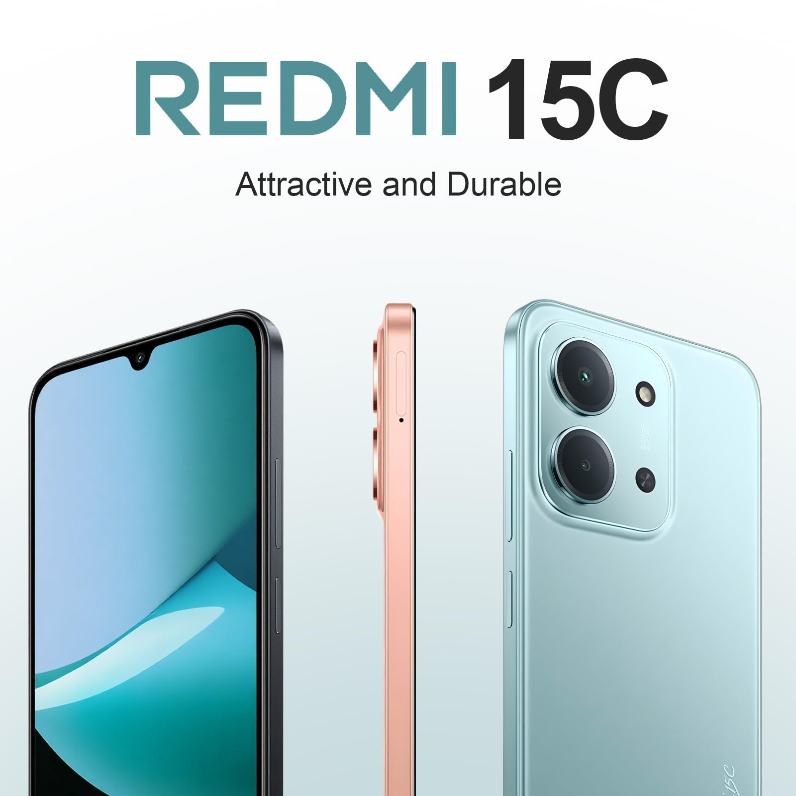 Drei Smartphones: schwarz, roségold und hellblau. Das Redmi 15C-Logo befindet sich oben. Darunter steht 'Attractive and Durable'.