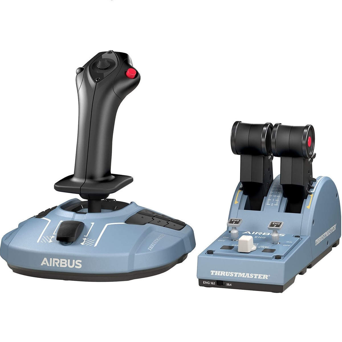 Un joystick et un quadrant des gaz. Le joystick est noir et bleu, le quadrant des gaz est bleu avec des leviers noirs, tous deux étiquetés Thrustmaster.