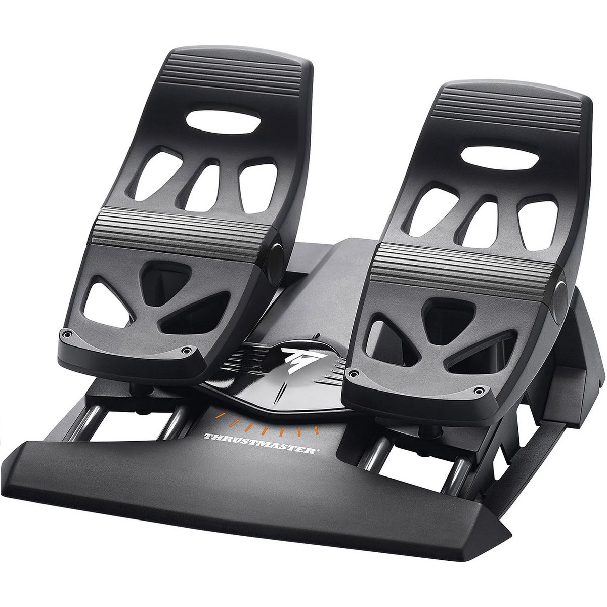 Un ensemble de pédales de simulateur de vol Thrustmaster noir. Deux pédales sont reliées à une base avec le logo.