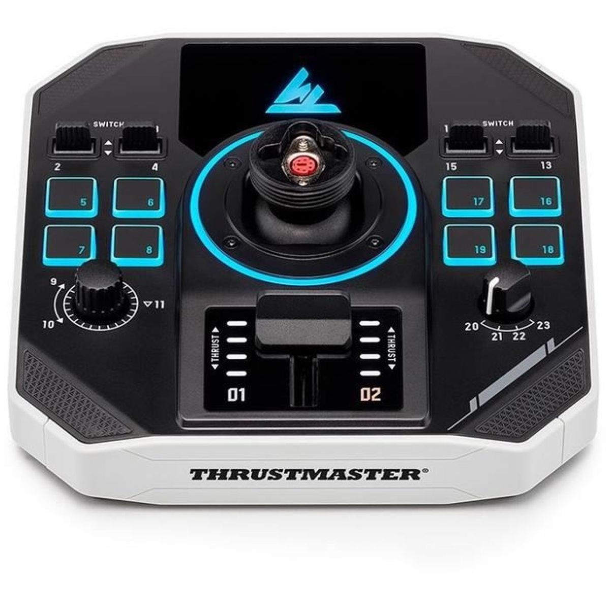 Ein schwarz-weißer Thrustmaster-Flugcontroller. Er hat Knöpfe, Drehregler und einen Joystick. Das Logo befindet sich unten.