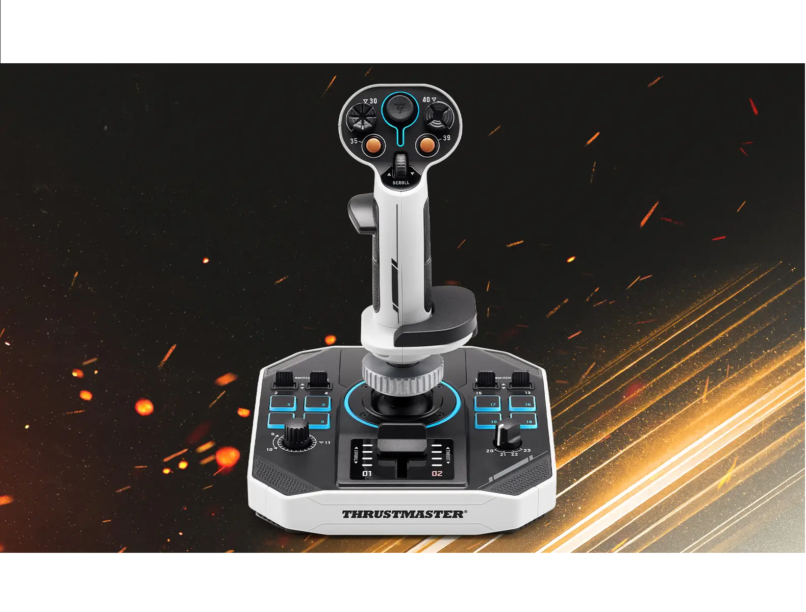 Ein weiß-schwarzer Thrustmaster-Joystick. Er hat Knöpfe, Schalter und einen zentralen Stick. Der Hintergrund ist dunkel mit Funken.