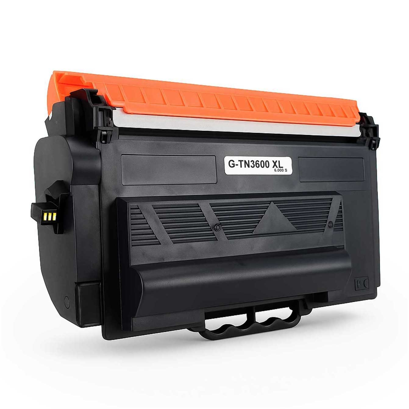 Eine schwarze und orangefarbene Druckertonerpatrone. Sie hat eine orangefarbene Oberseite und ein Etikett mit der Aufschrift G-TN3600 XL.