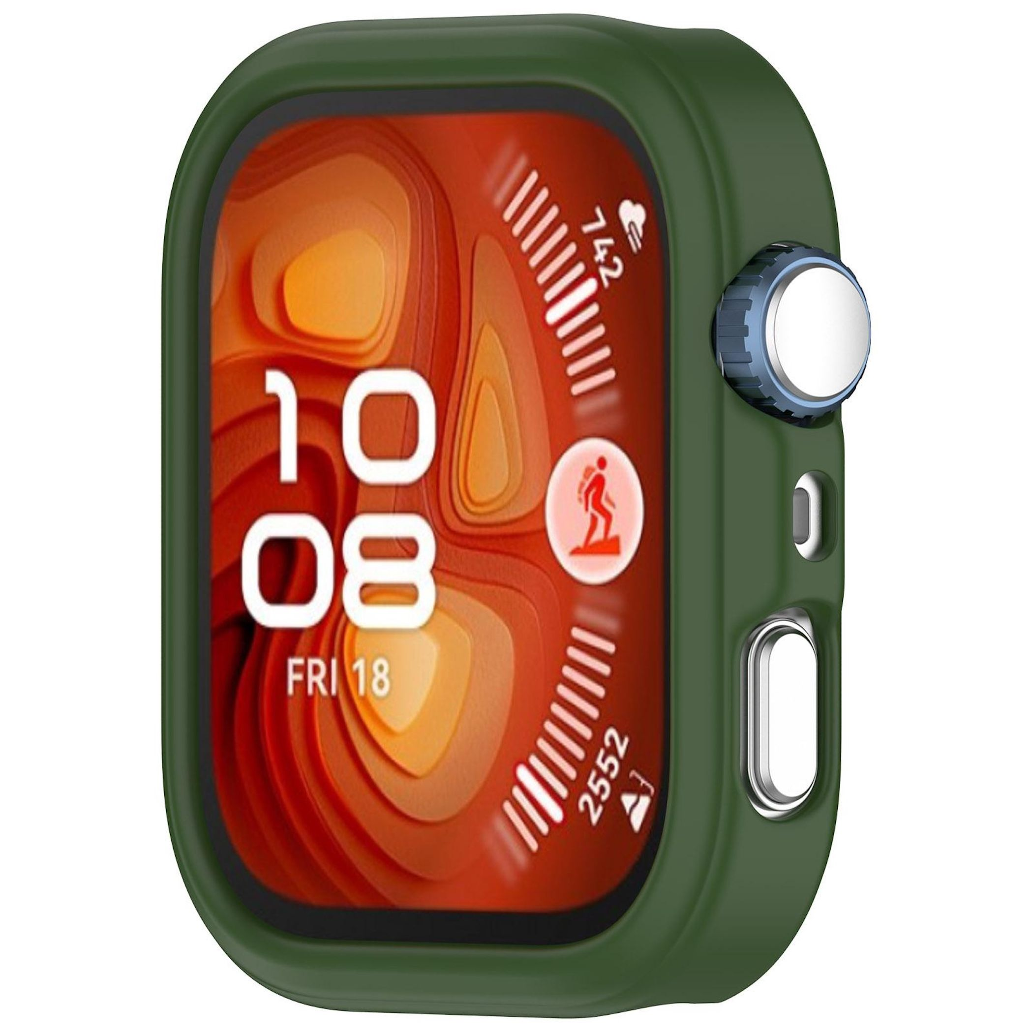 Smartwatch verde con display digitale che mostra ora, data e icone di monitoraggio dell'attività.