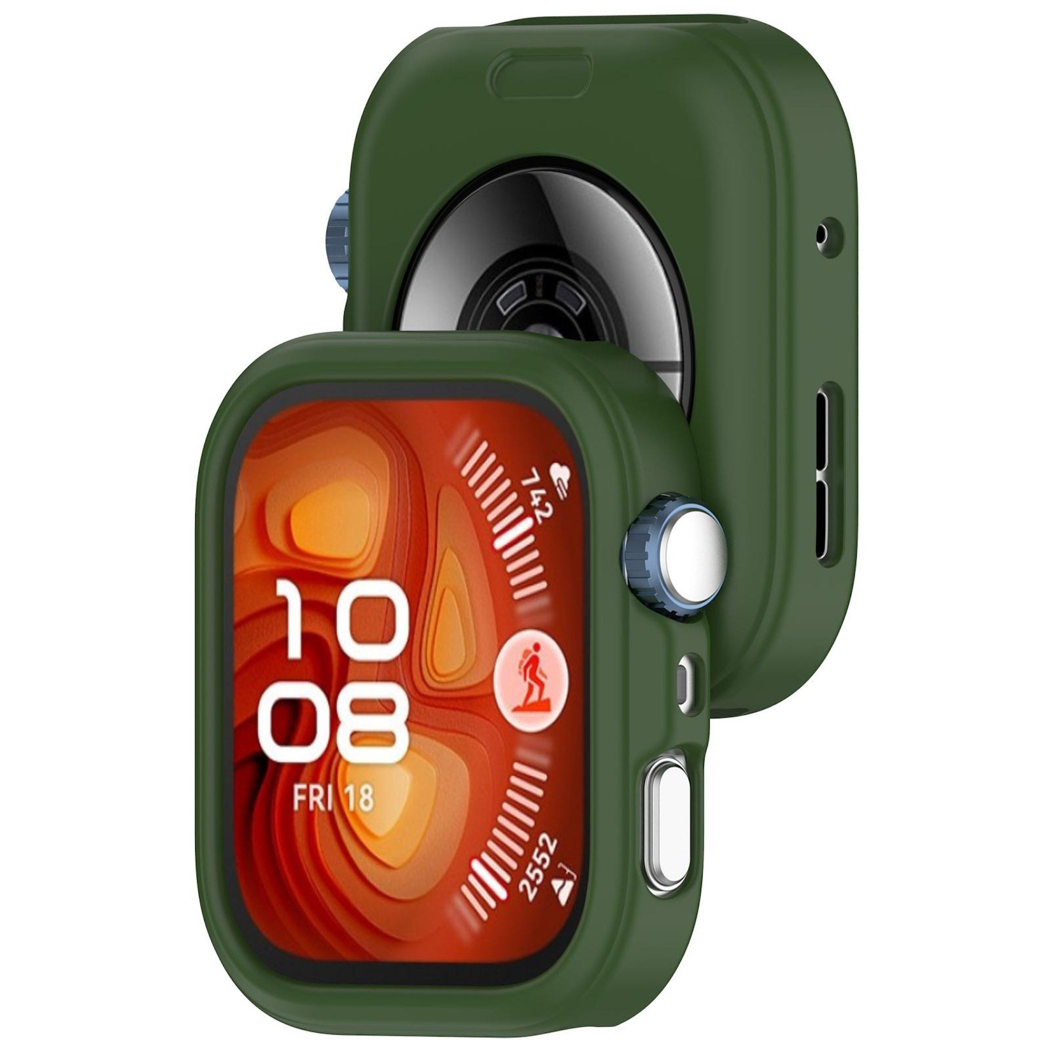 Uno smartwatch verde con schermo che mostra ora e metriche di attività, racchiuso in una cover protettiva. Il display mostra numeri digitali.