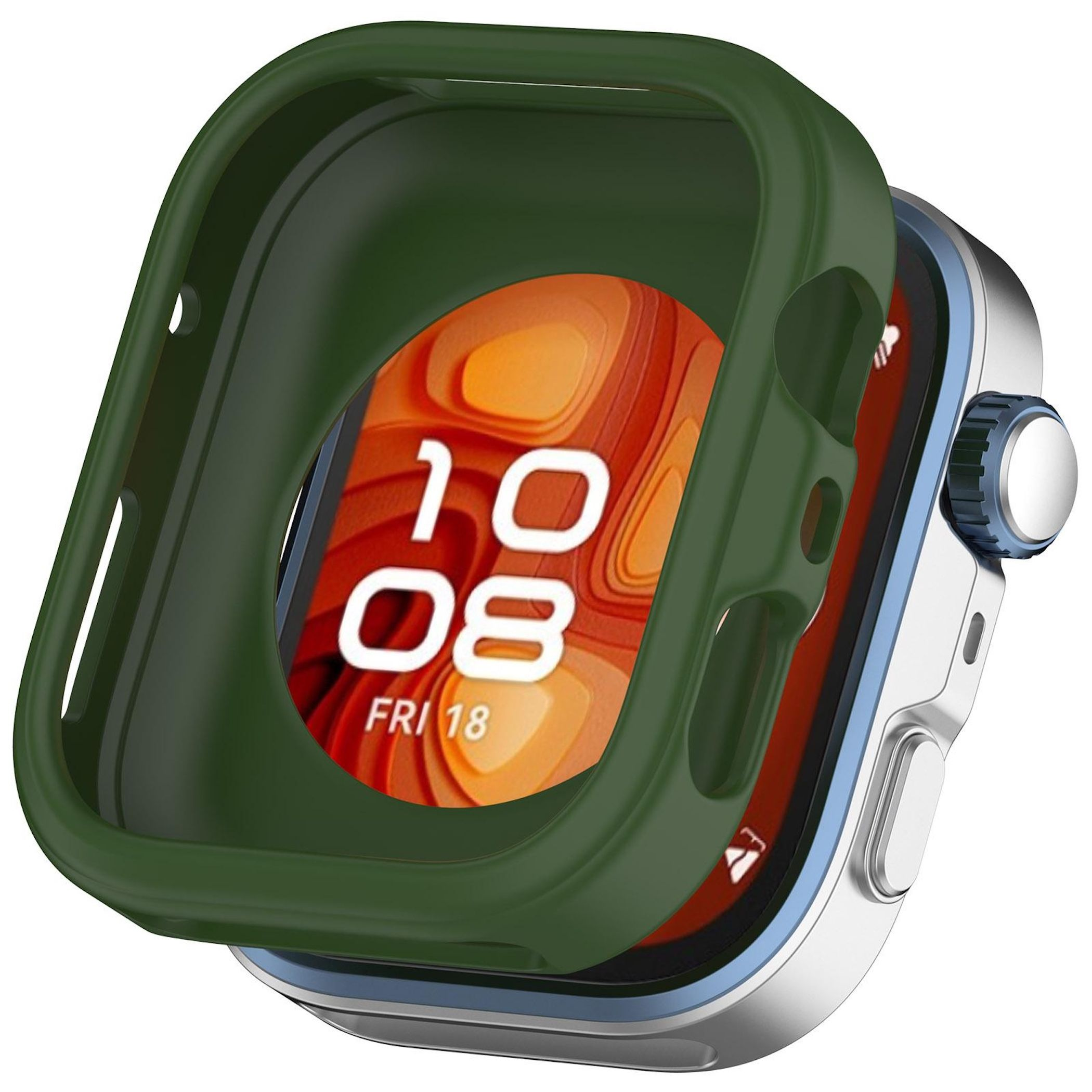 Un Apple Watch con custodia verde che mostra l'ora, con corpo argento e quadrante blu.