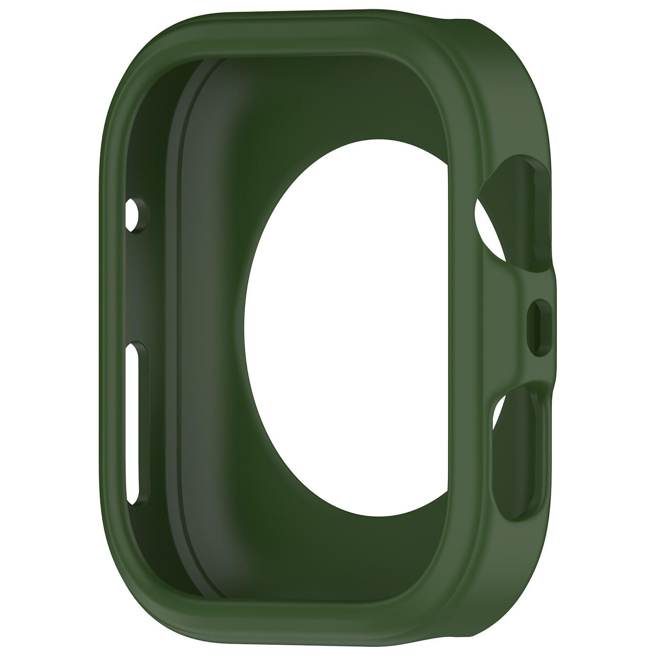 Una custodia per orologio verde con ritagli per i pulsanti e il quadrante, su sfondo bianco.